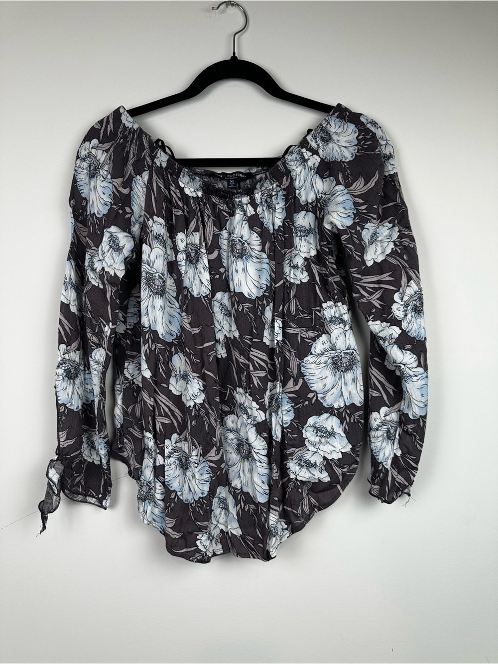 Off-Shoulder Floral Peasant Blouse - Black with Light Blue Flowers